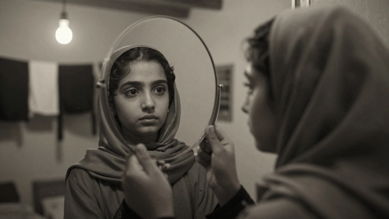 A girl holding a mirror, her reflection showing her mother’s eyes in soft dim light.