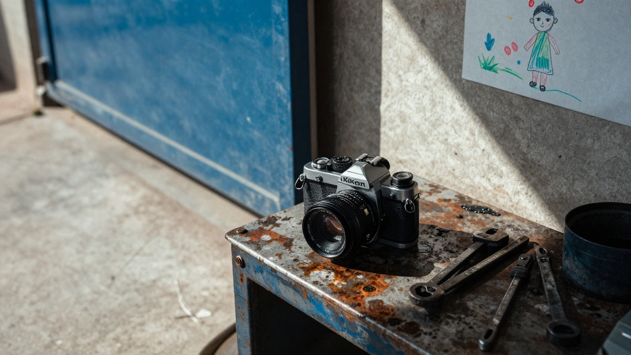 An old Nikon camera on a mechanic’s workbench, sunlight and tools in the background.
