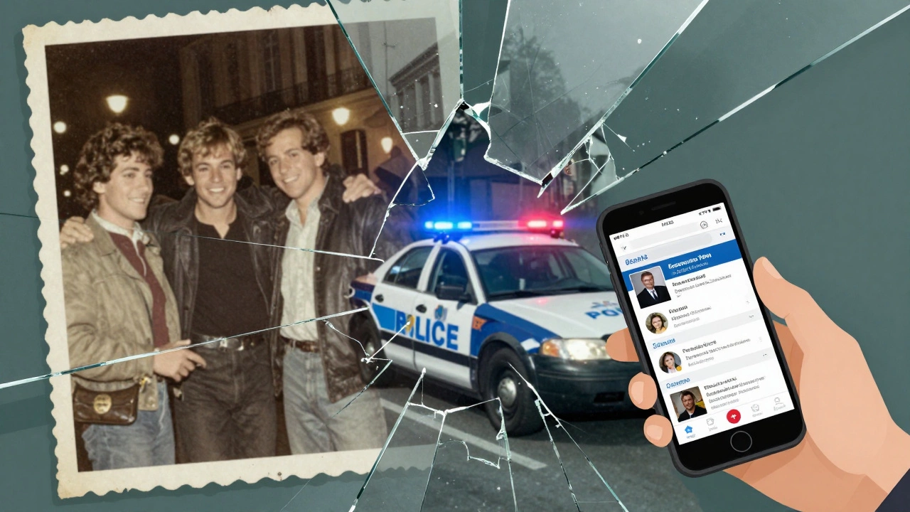 Fractured mirror showing faded nightlife, police car, and fake website links — symbolizing broken illusions.